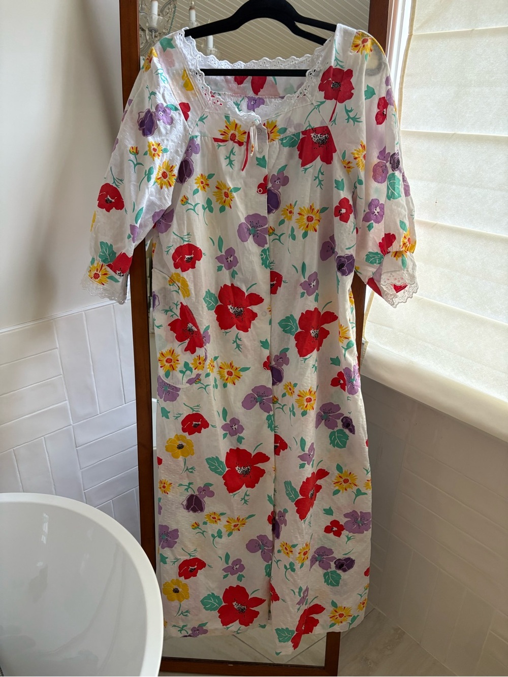 Vintage Night Gown Floral Square neck and  Eyelet Trim fits L/XL